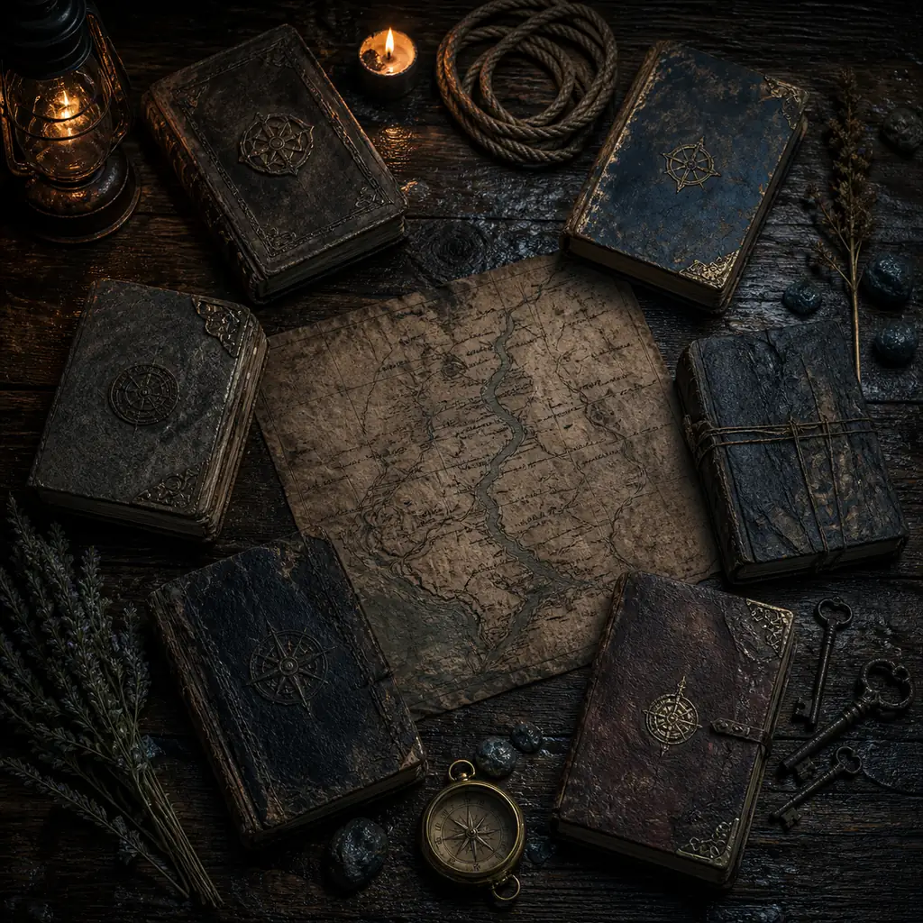 Editorial illustration of six old books arranged around a parchment route map