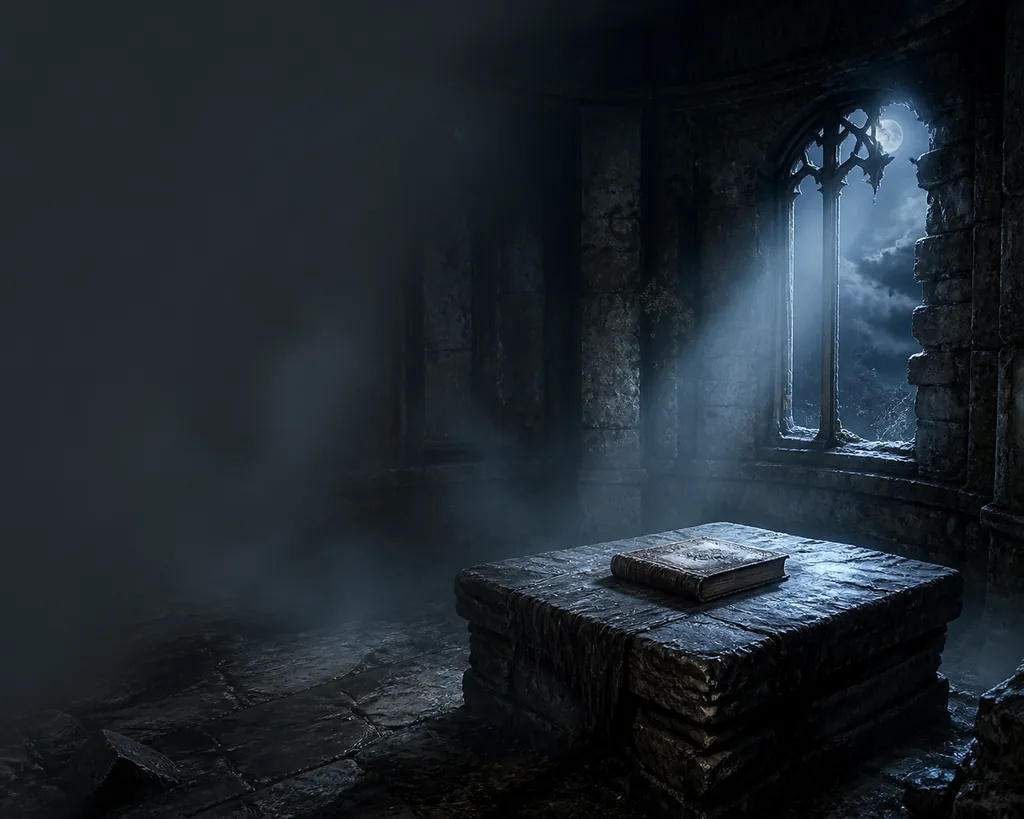 Editorial illustration of an ancient book on an altar inside a foggy tower