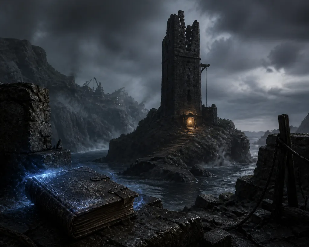Editorial illustration of a weathered book near a foggy Gothic Remake tower