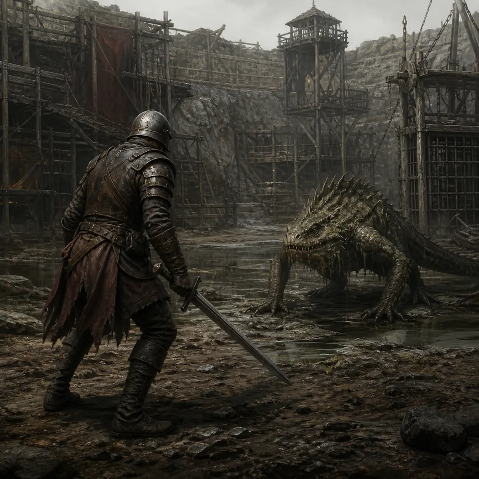 Editorial concept illustration of a Gothic 1 Remake fighter reading a swamp lizard attack in the Mining Colony