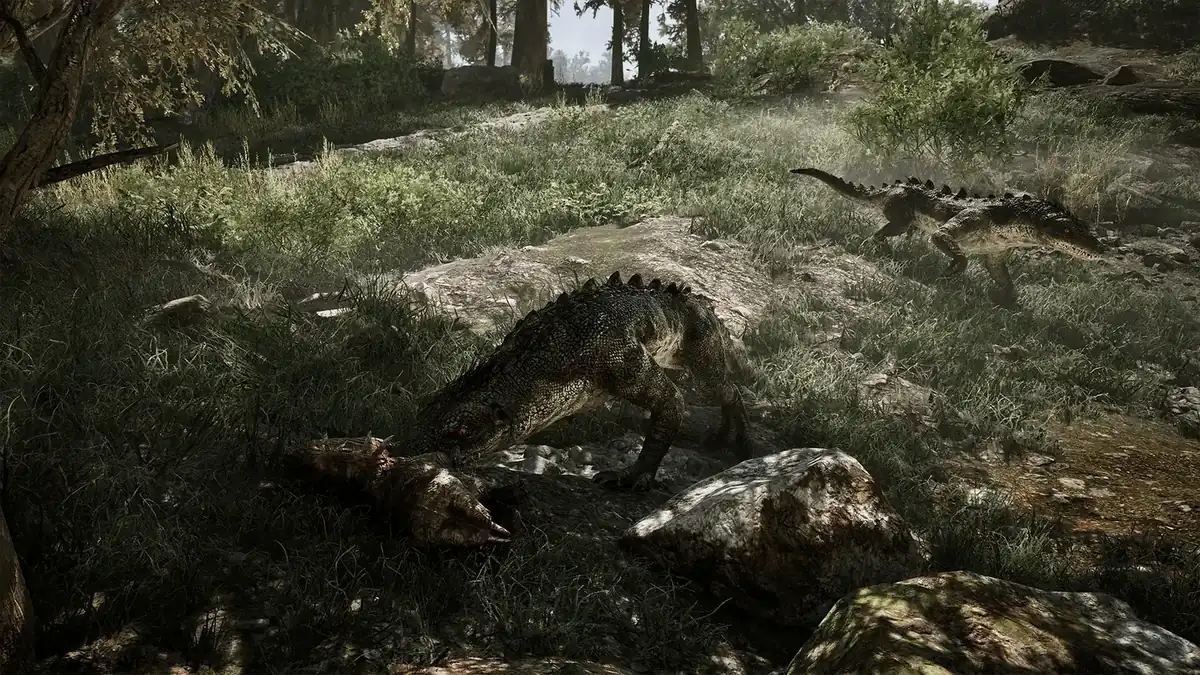 Official Gothic 1 Remake promotional screenshot showing swamp lizards in a wooded wilderness area