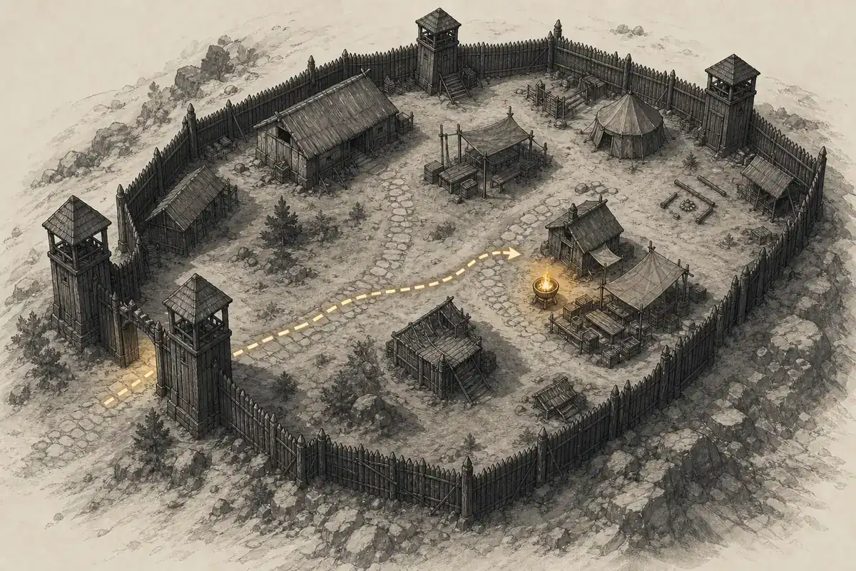 Editorial illustration of a route from an Old Camp gate toward a map seller's working area