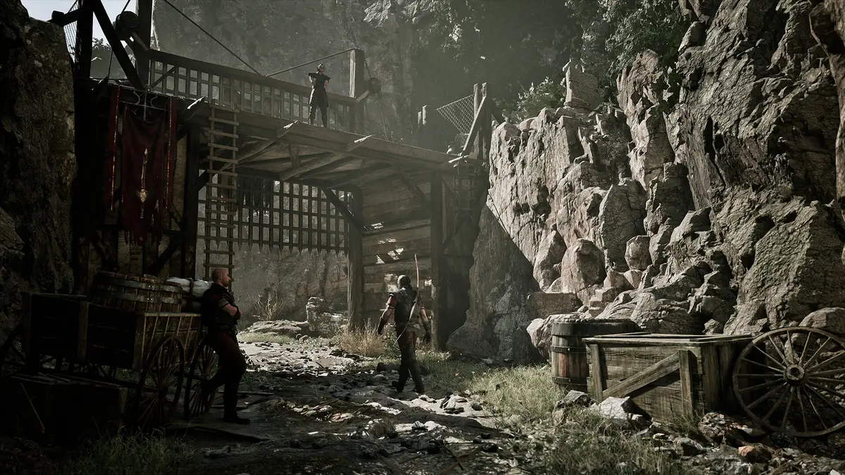 Official Gothic 1 Remake screenshot showing a guarded mine entrance in the Mining Colony
