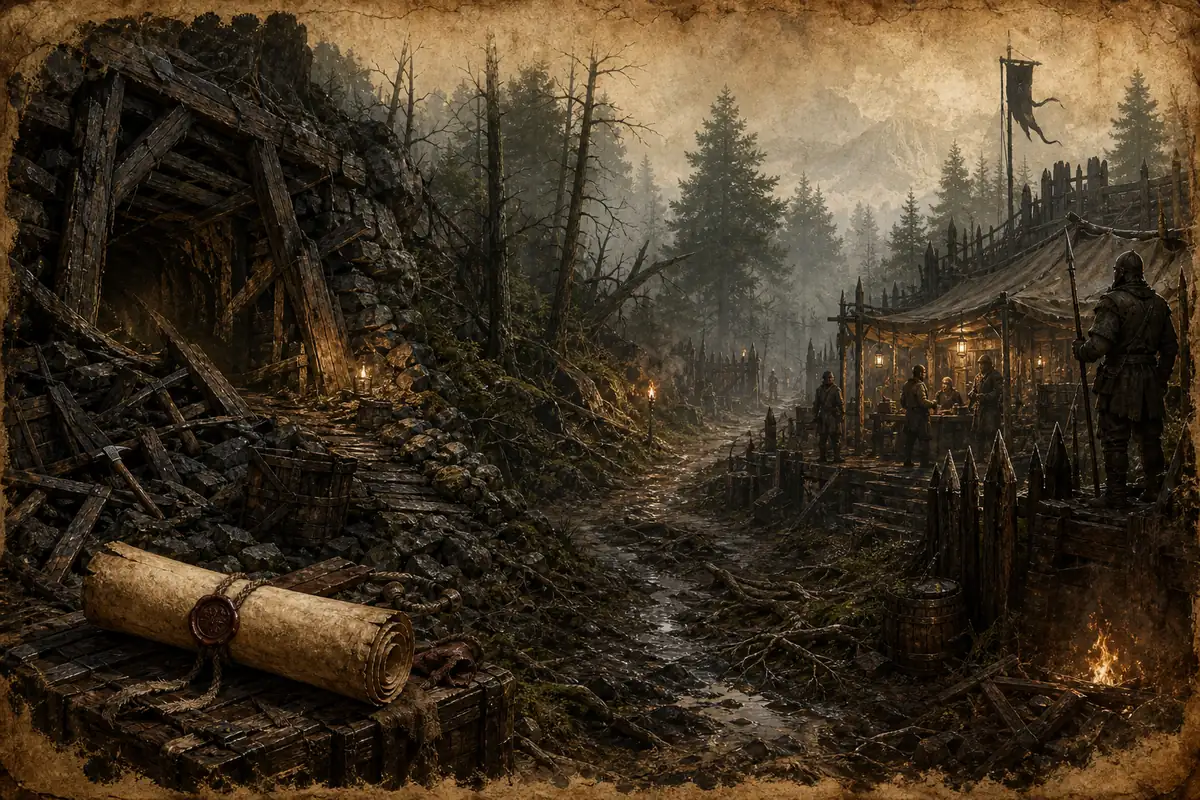 Editorial concept illustration of a route from a collapsed mine to an Old Camp trader